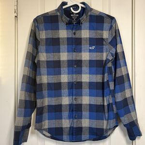 Hollister Men’s XS Blue Grey Plaid Long Sleeve Button-Up Flannel Shirt